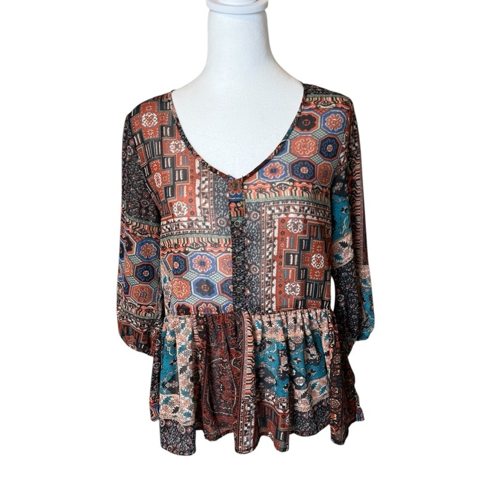 Umgee Peplum Sheer Babydoll Blouse Small Geometric Boho Bohemian‎ Mixed Prints